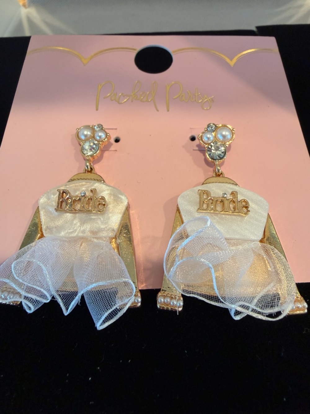 NWT Packed Party Gold and White 'Bride' Dress Drop Earrings